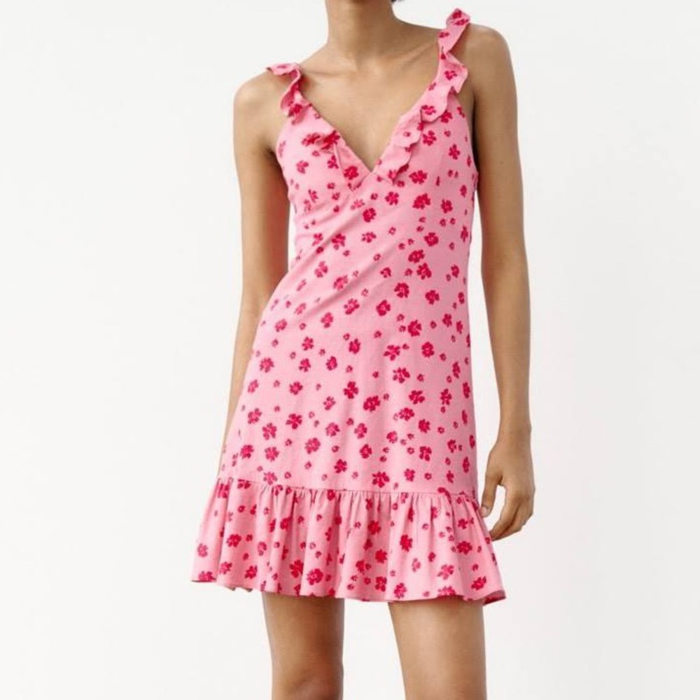 NWT Zara Pink Floral Ruffle Linen Minidress